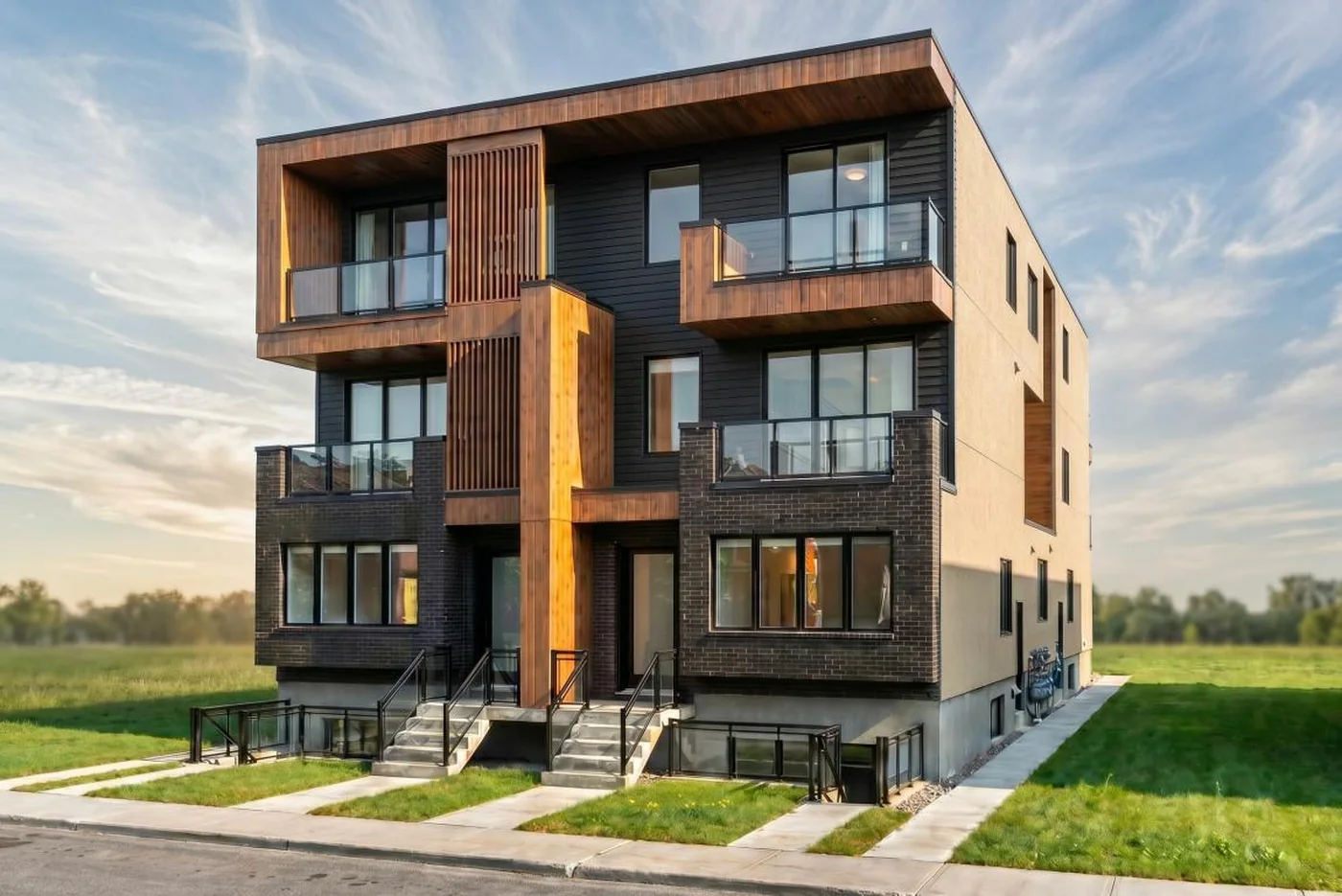 A modern three storey rental building with dark brick, wood cladding and glass balconies